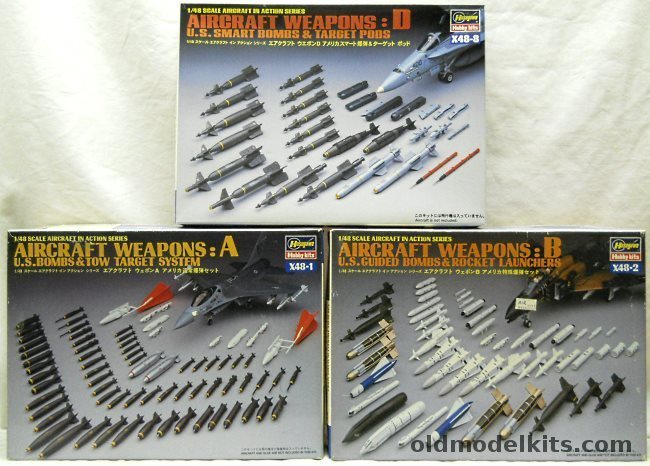 Hasegawa 1/48 X48-1 Aircraft Weapons A US Bombs and Two Target Systems / X48-2 Aircraft Weapons B US Guided Bombs and Rocket Launchers / X48-8 Aircraft Weapons D US Smart Bombs and Target Pods plastic model kit